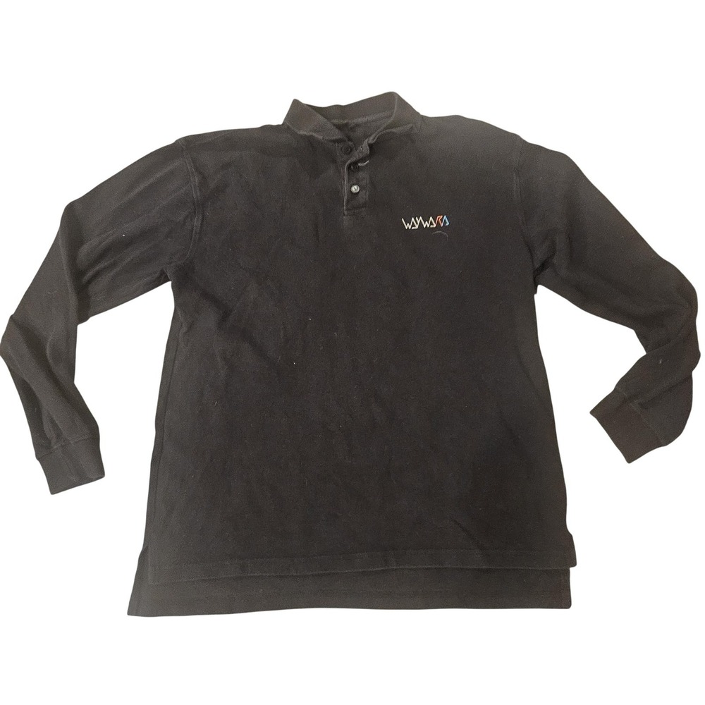 Wawwa Polo‎ Shirt Mens Large Black Long Sleeve Solid Casual Cotton Logo Knit Top
